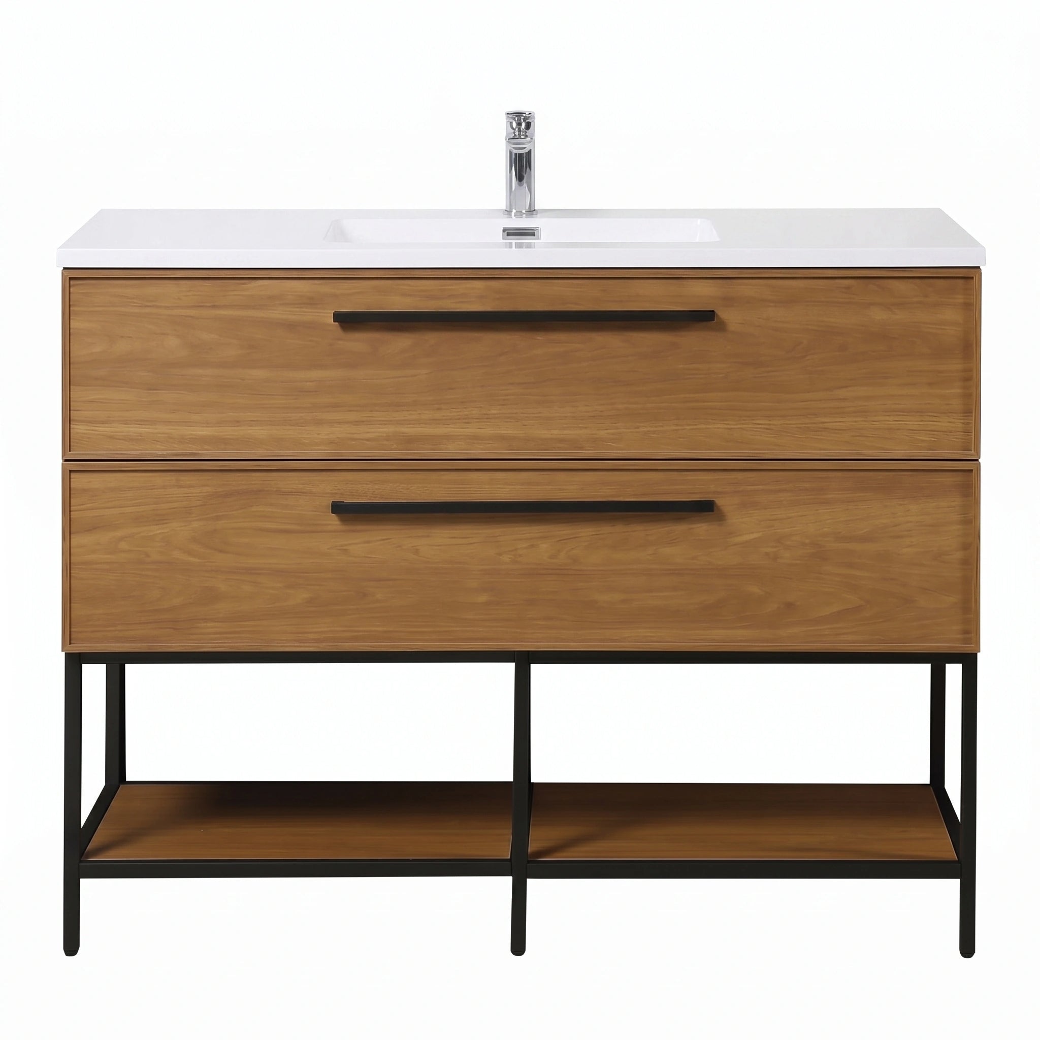 48" Honey Gold Walnut Wall Mount Bathroom Vanity with White Polymarble Countertop and Handles