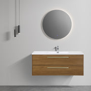 48" Honey Gold Walnut Wall Mount Bathroom Vanity with White Polymarble Countertop and Handles