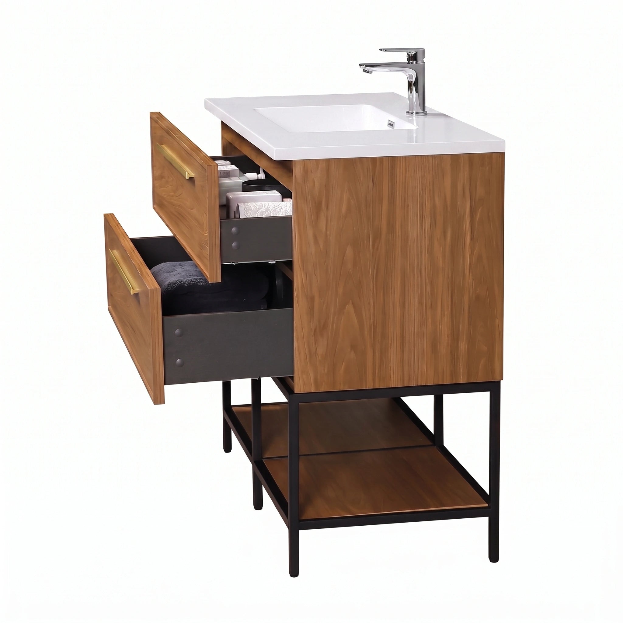 48" Honey Gold Walnut Wall Mount Bathroom Vanity with White Polymarble Countertop and Handles