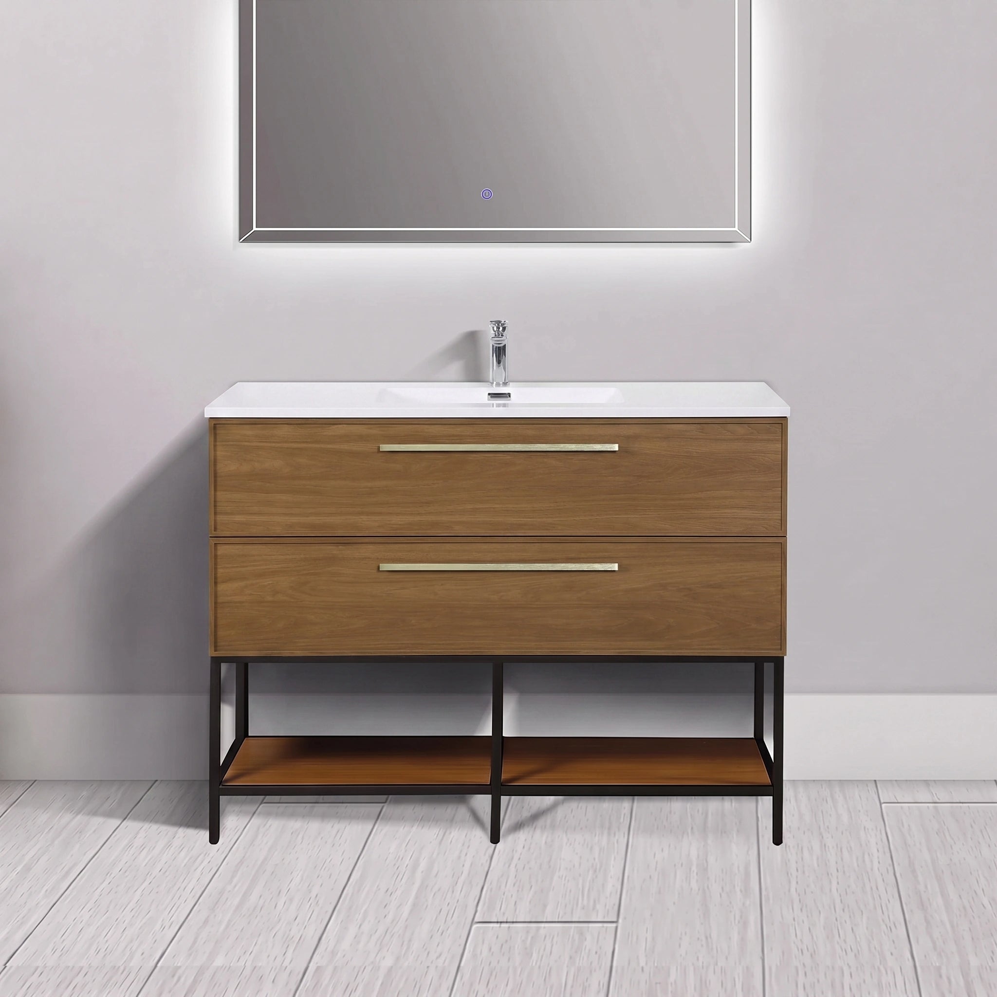 48" Honey Gold Walnut Wall Mount Bathroom Vanity with White Polymarble Countertop and Handles