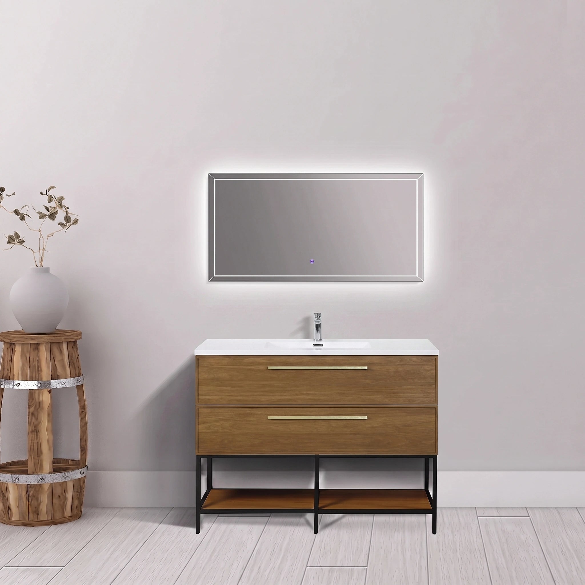 48" Honey Gold Walnut Wall Mount Bathroom Vanity with White Polymarble Countertop and Handles