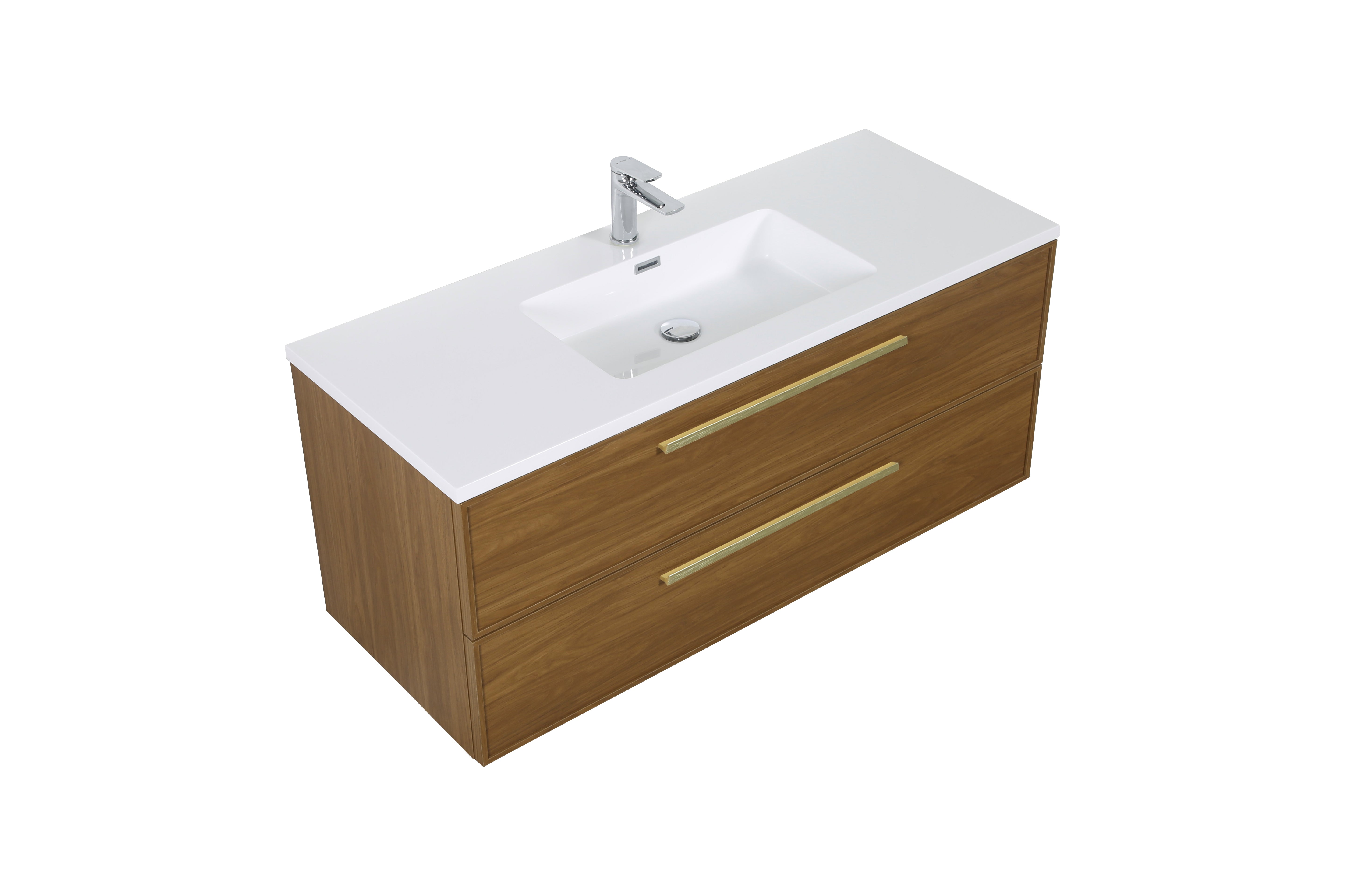 48" Honey Gold Walnut Wall Mount Bathroom Vanity with White Polymarble Countertop and Handles
