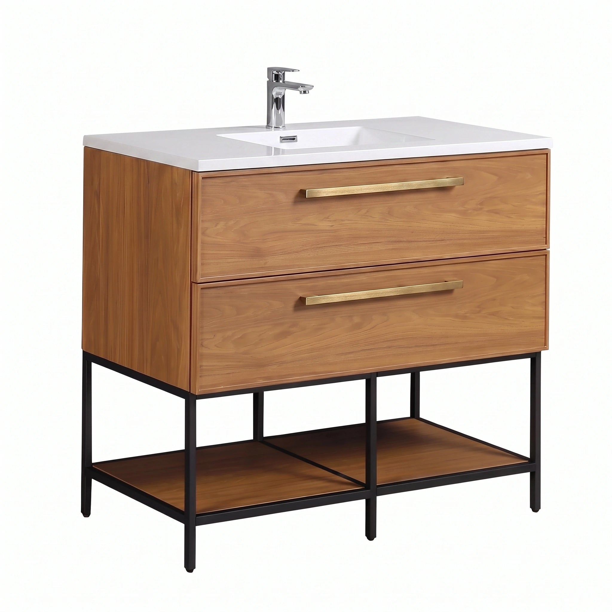 48" Honey Gold Walnut Wall Mount Bathroom Vanity with White Polymarble Countertop and Handles