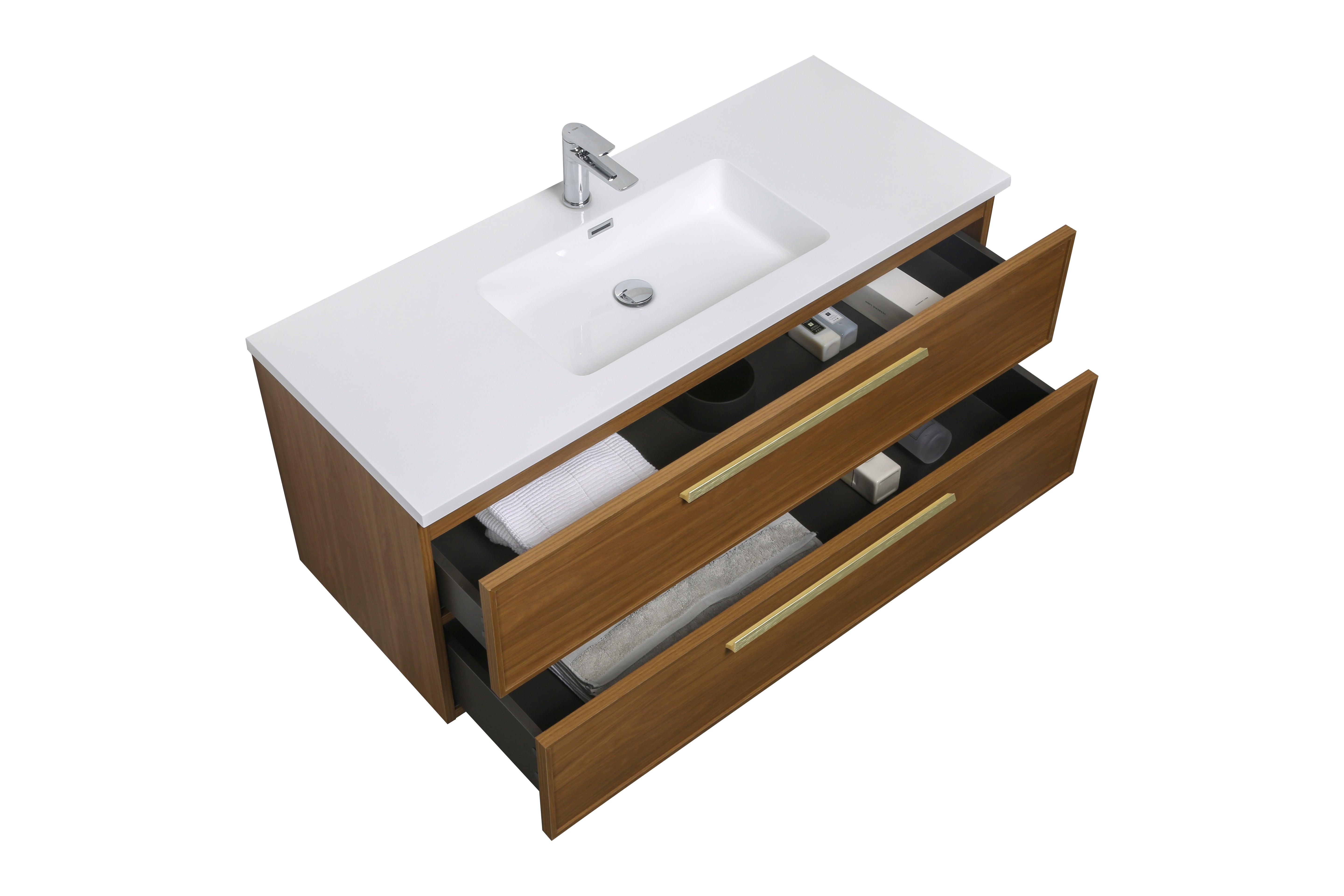 48" Honey Gold Walnut Wall Mount Bathroom Vanity with White Polymarble Countertop and Handles