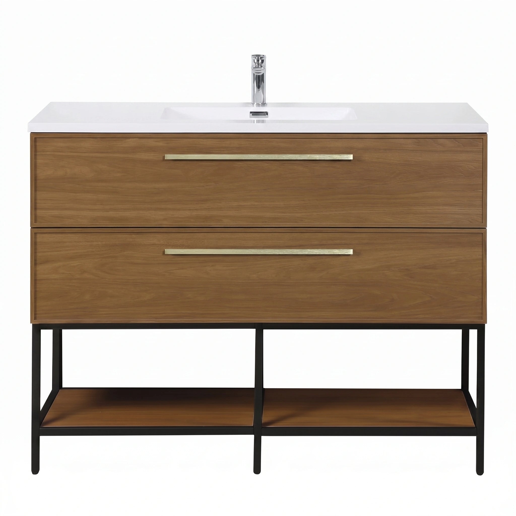 48" Honey Gold Walnut Wall Mount Bathroom Vanity with White Polymarble Countertop and Handles