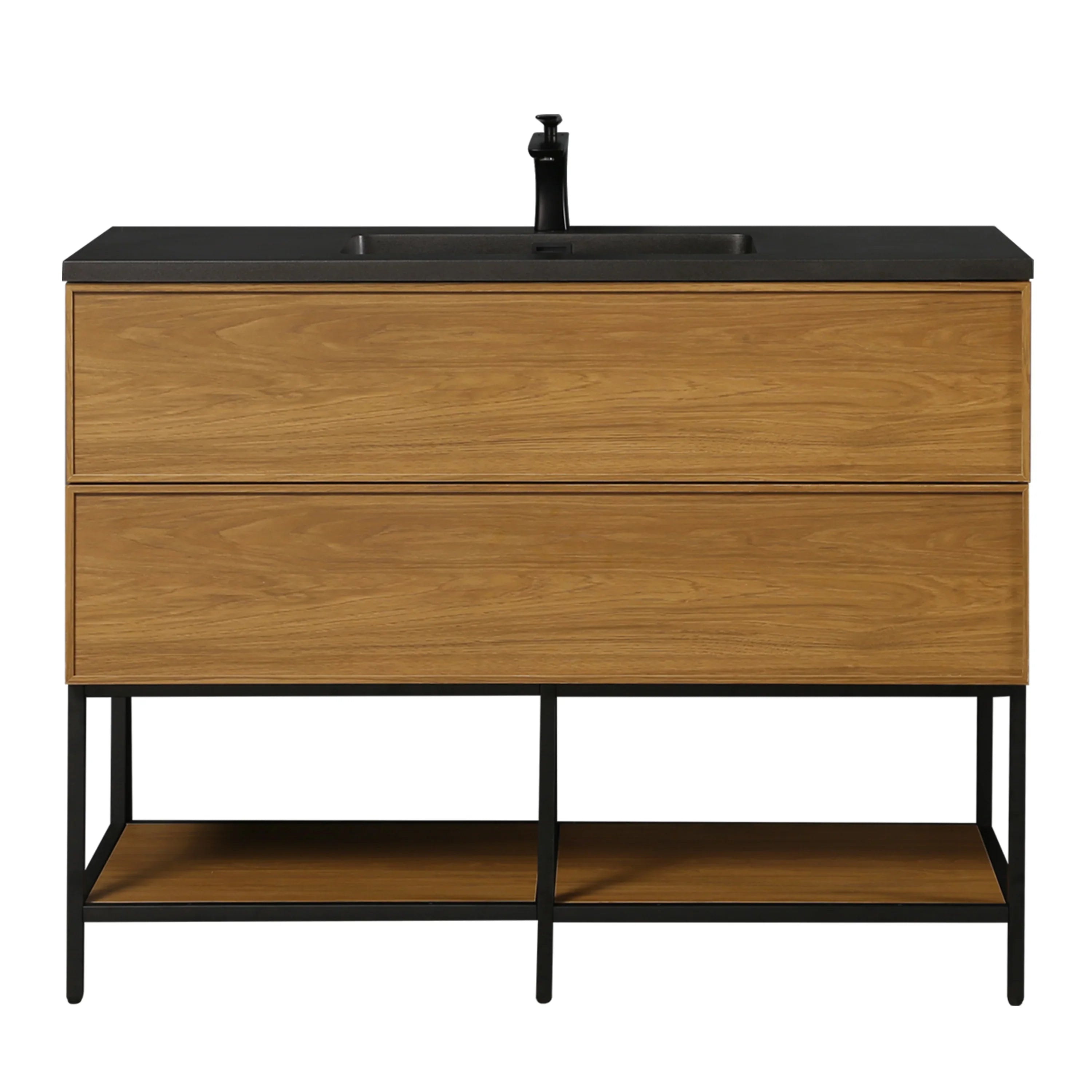 48 Inch Honey Gold Walnut Wall Mounted Bathroom Vanity with Black Engineered Quartz Countertop