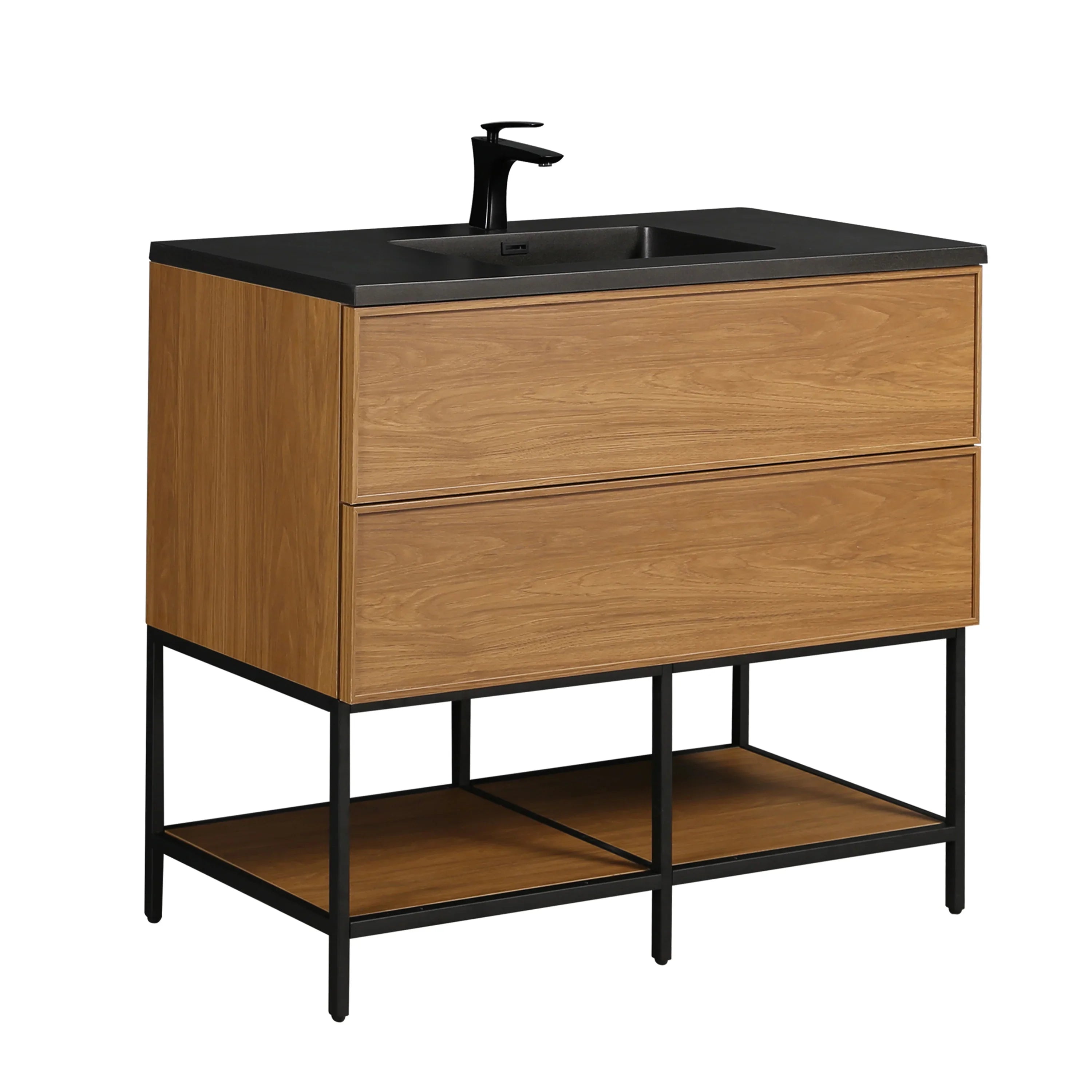 48 Inch Honey Gold Walnut Wall Mounted Bathroom Vanity with Black Engineered Quartz Countertop