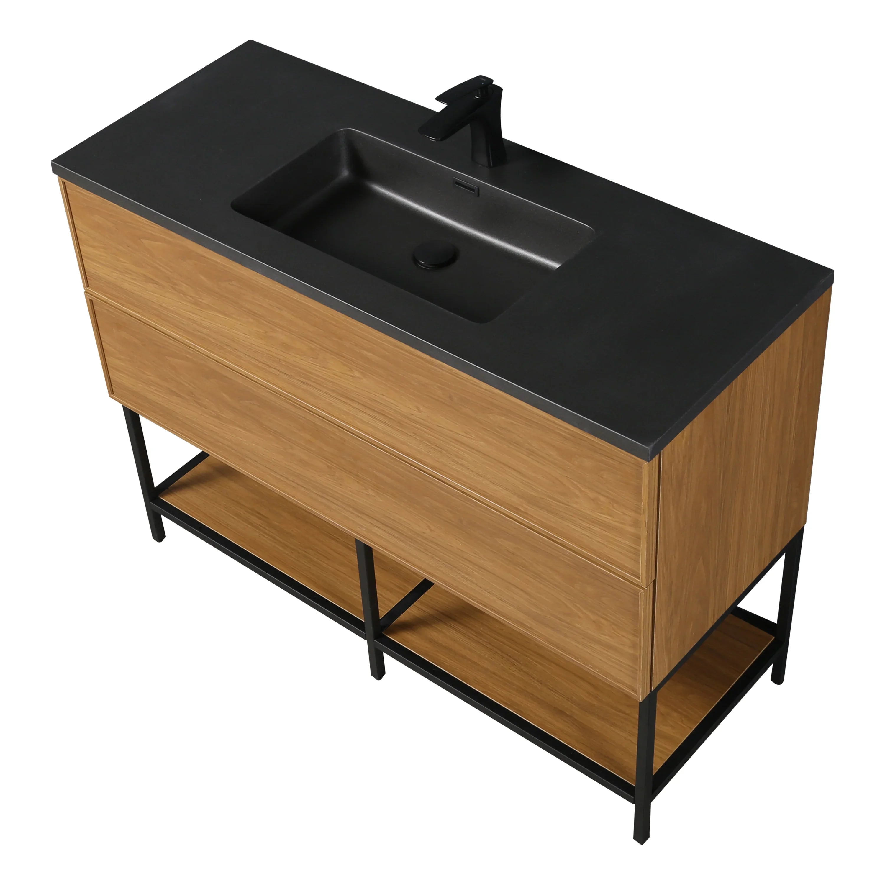 48 Inch Honey Gold Walnut Wall Mounted Bathroom Vanity with Black Engineered Quartz Countertop