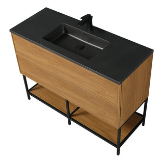Meuble-Lavabo Mural 48po Noyer Miel Doré avec Comptoir de Quartz d'ingénierie Noir