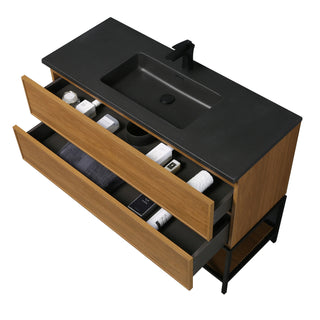 Meuble-Lavabo Mural 48po Noyer Miel Doré avec Comptoir de Quartz d'ingénierie Noir