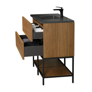 Meuble-Lavabo Mural 48po Noyer Miel Doré avec Comptoir de Quartz d'ingénierie Noir