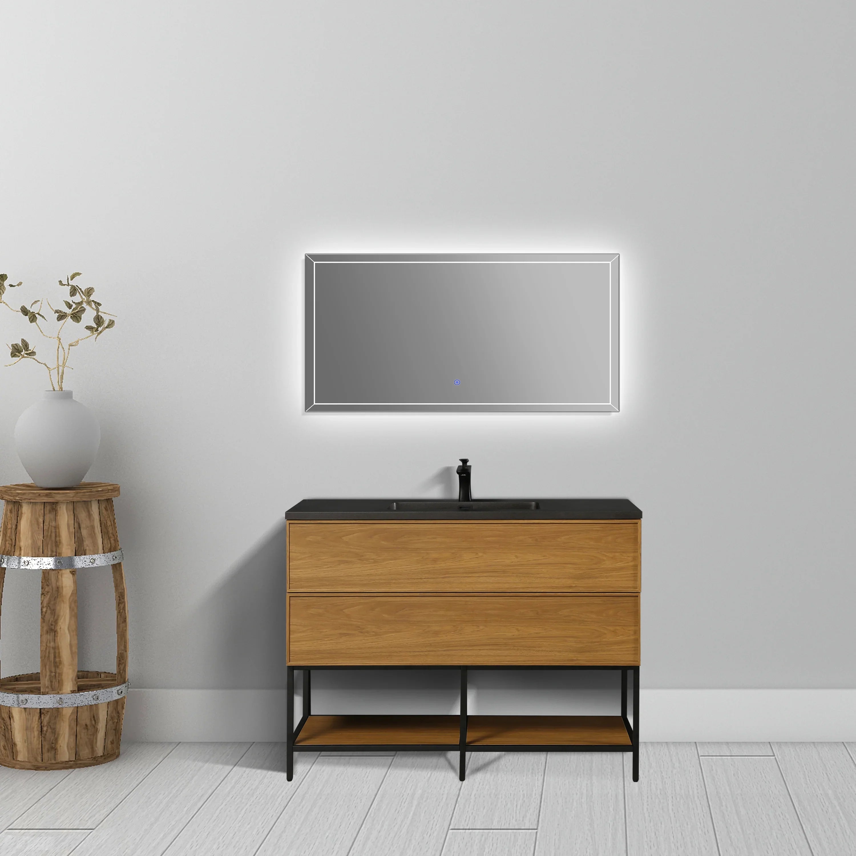 48 Inch Honey Gold Walnut Wall Mounted Bathroom Vanity with Black Engineered Quartz Countertop