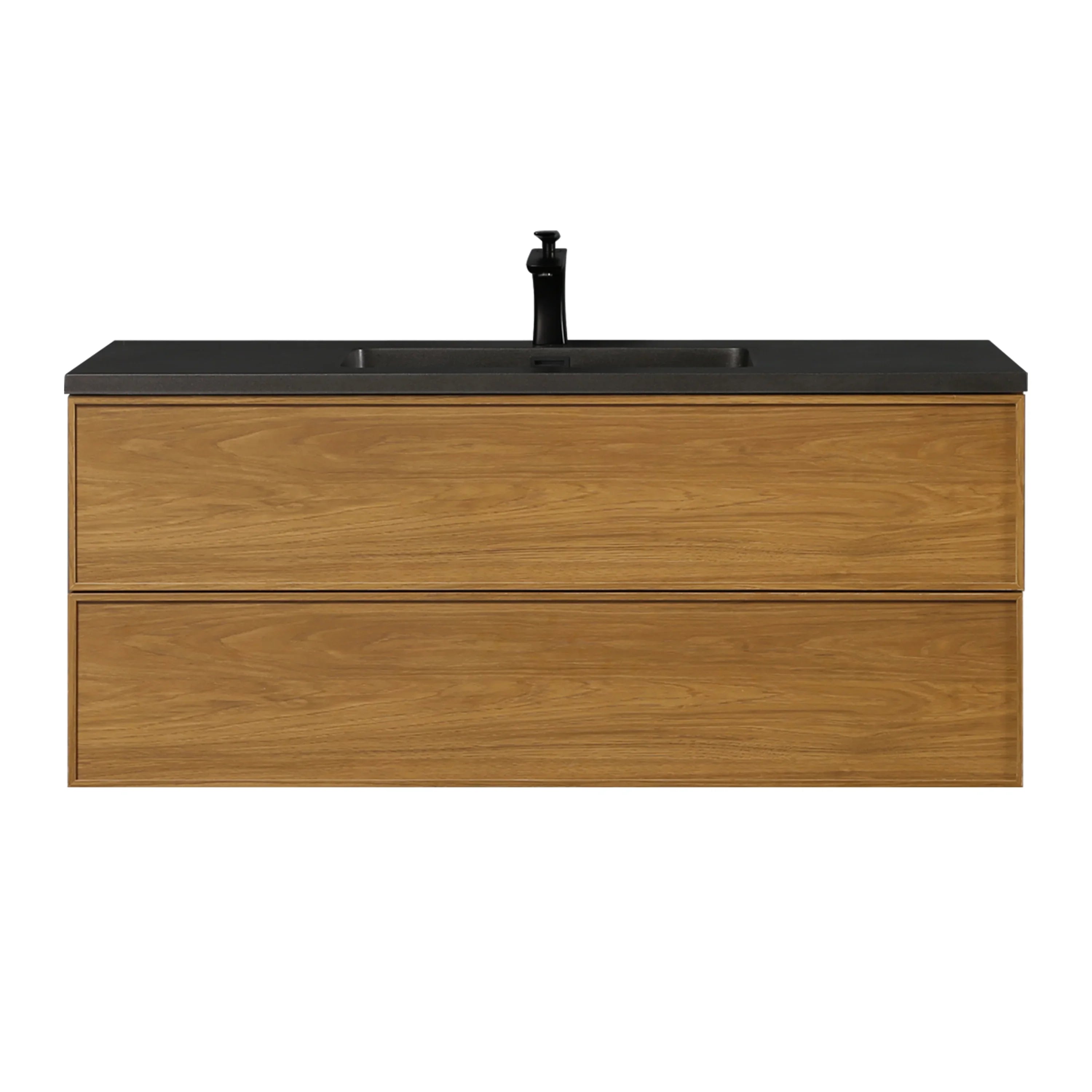 48 Inch Honey Gold Walnut Wall Mounted Bathroom Vanity with Black Engineered Quartz Countertop