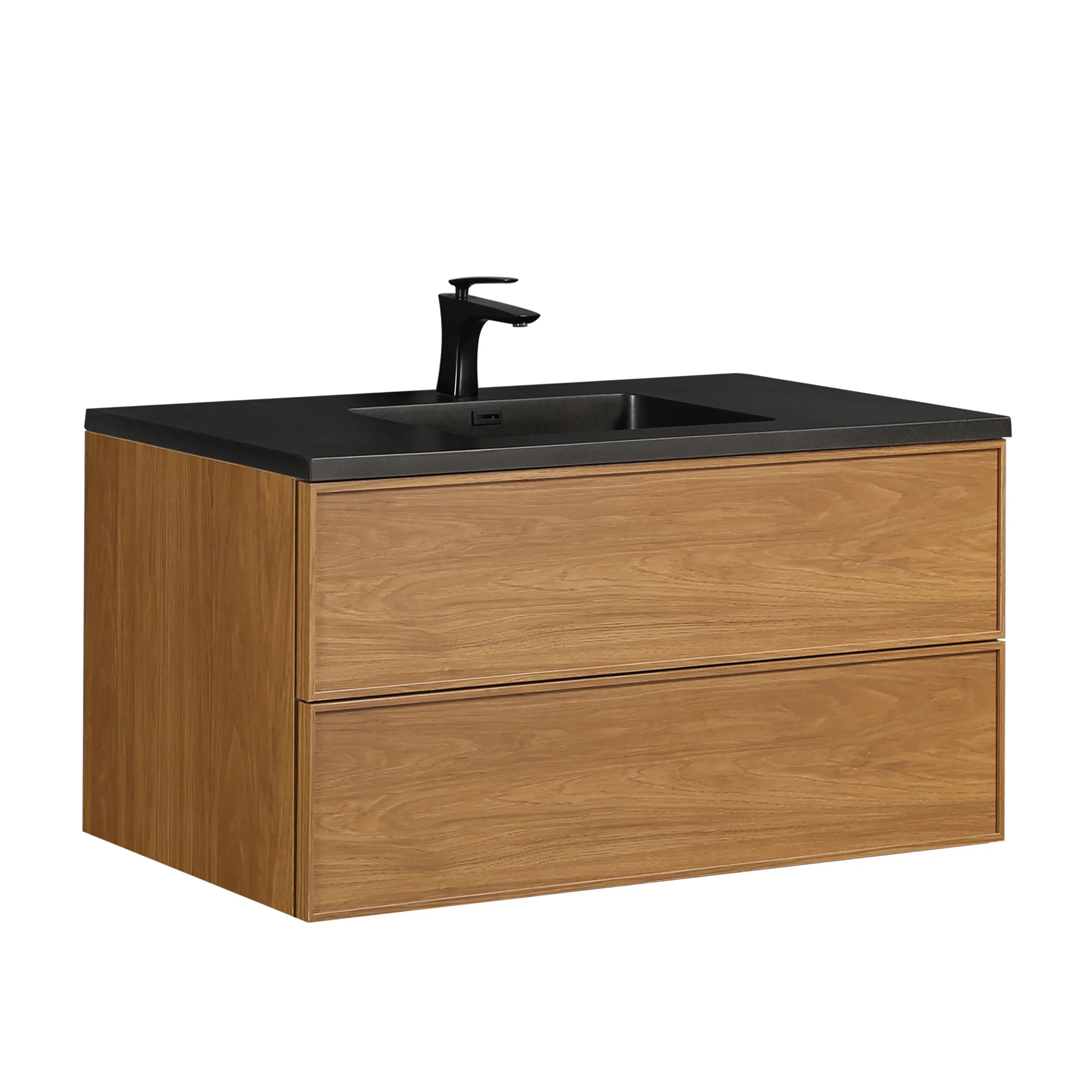 48 Inch Honey Gold Walnut Wall Mounted Bathroom Vanity with Black Engineered Quartz Countertop