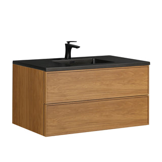 Meuble-Lavabo Mural 48po Noyer Miel Doré avec Comptoir de Quartz d'ingénierie Noir