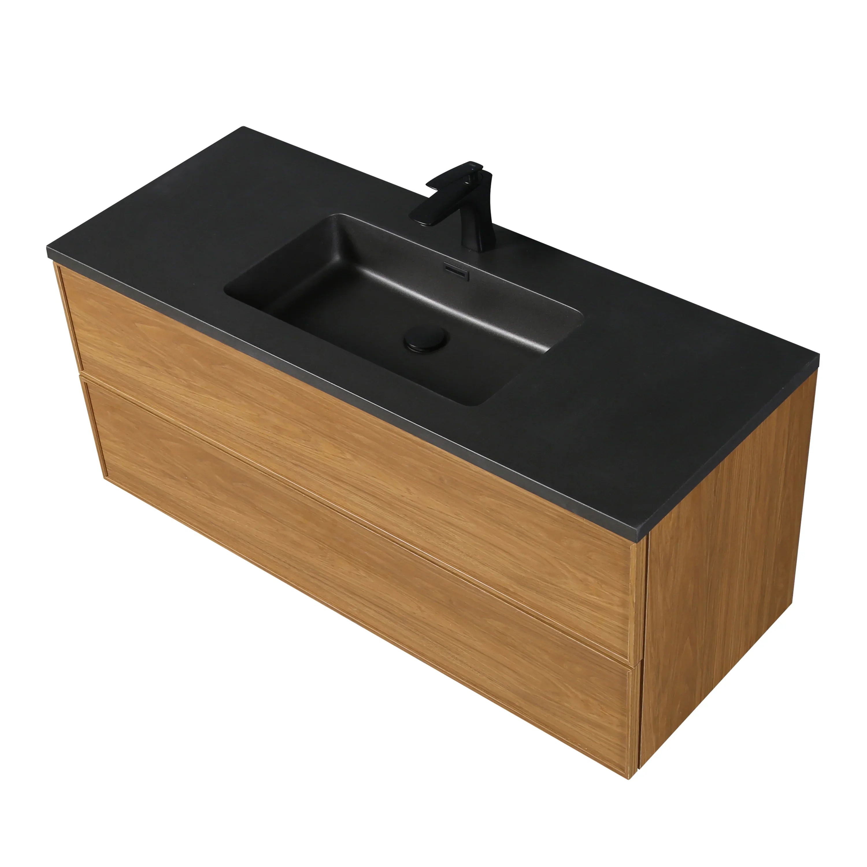 48 Inch Honey Gold Walnut Wall Mounted Bathroom Vanity with Black Engineered Quartz Countertop