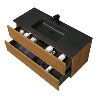 Meuble-Lavabo Mural 48po Noyer Miel Doré avec Comptoir de Quartz d'ingénierie Noir