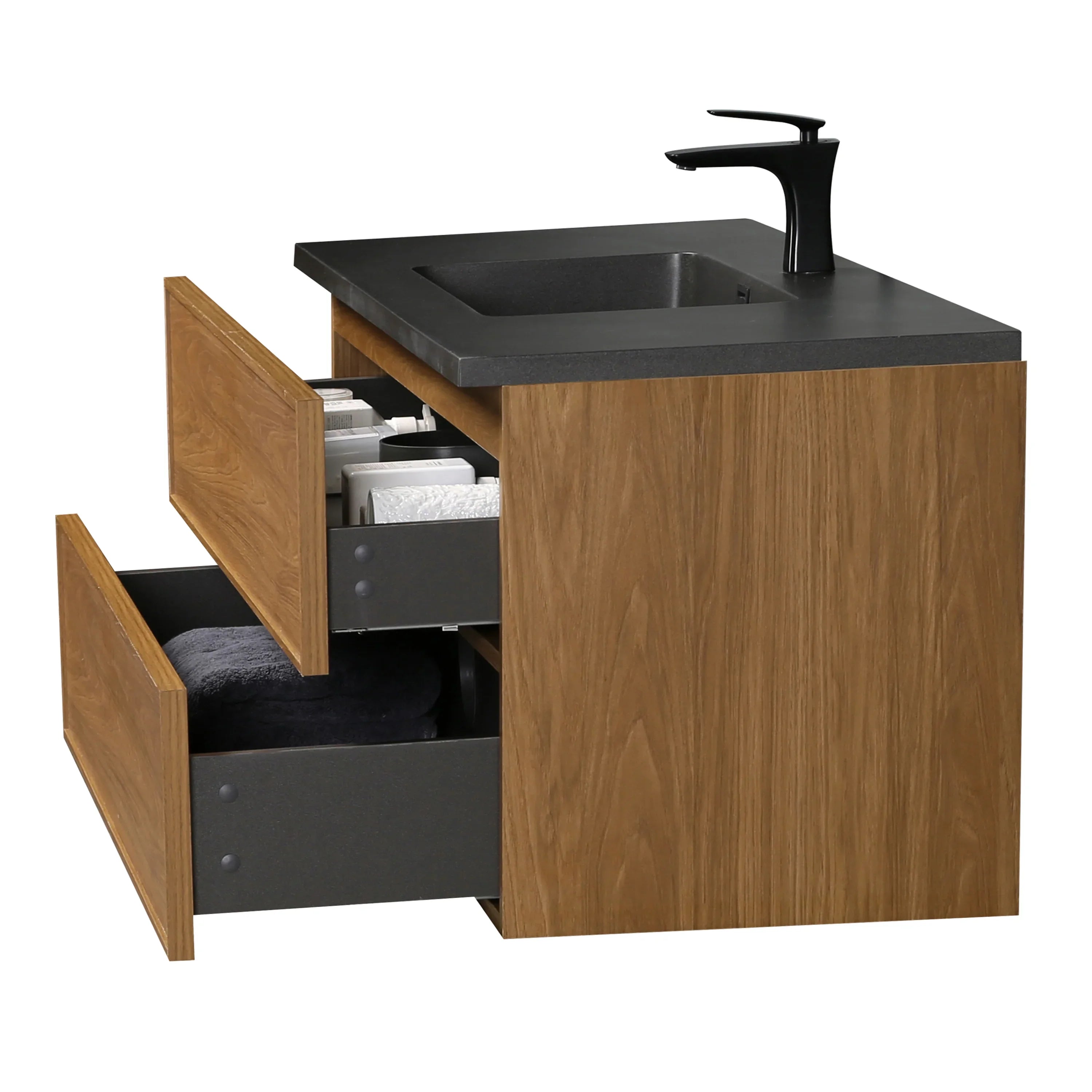 48 Inch Honey Gold Walnut Wall Mounted Bathroom Vanity with Black Engineered Quartz Countertop