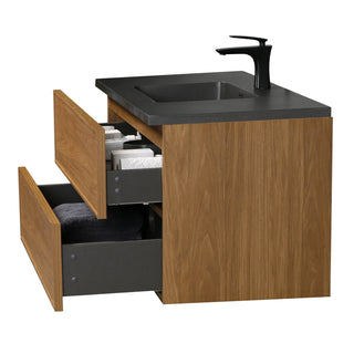 Meuble-Lavabo Mural 48po Noyer Miel Doré avec Comptoir de Quartz d'ingénierie Noir