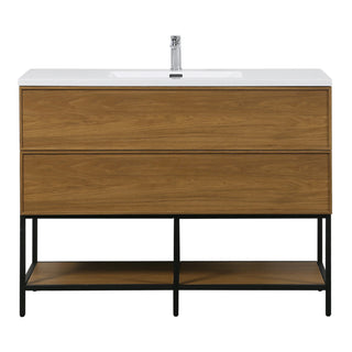 Meuble-Lavabo Mural 48po Noyer Miel Doré avec Comptoir de Polymarbre Blanc