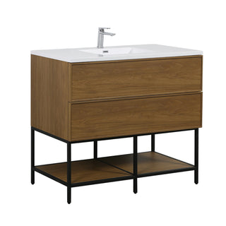 Meuble-Lavabo Mural 48po Noyer Miel Doré avec Comptoir de Polymarbre Blanc