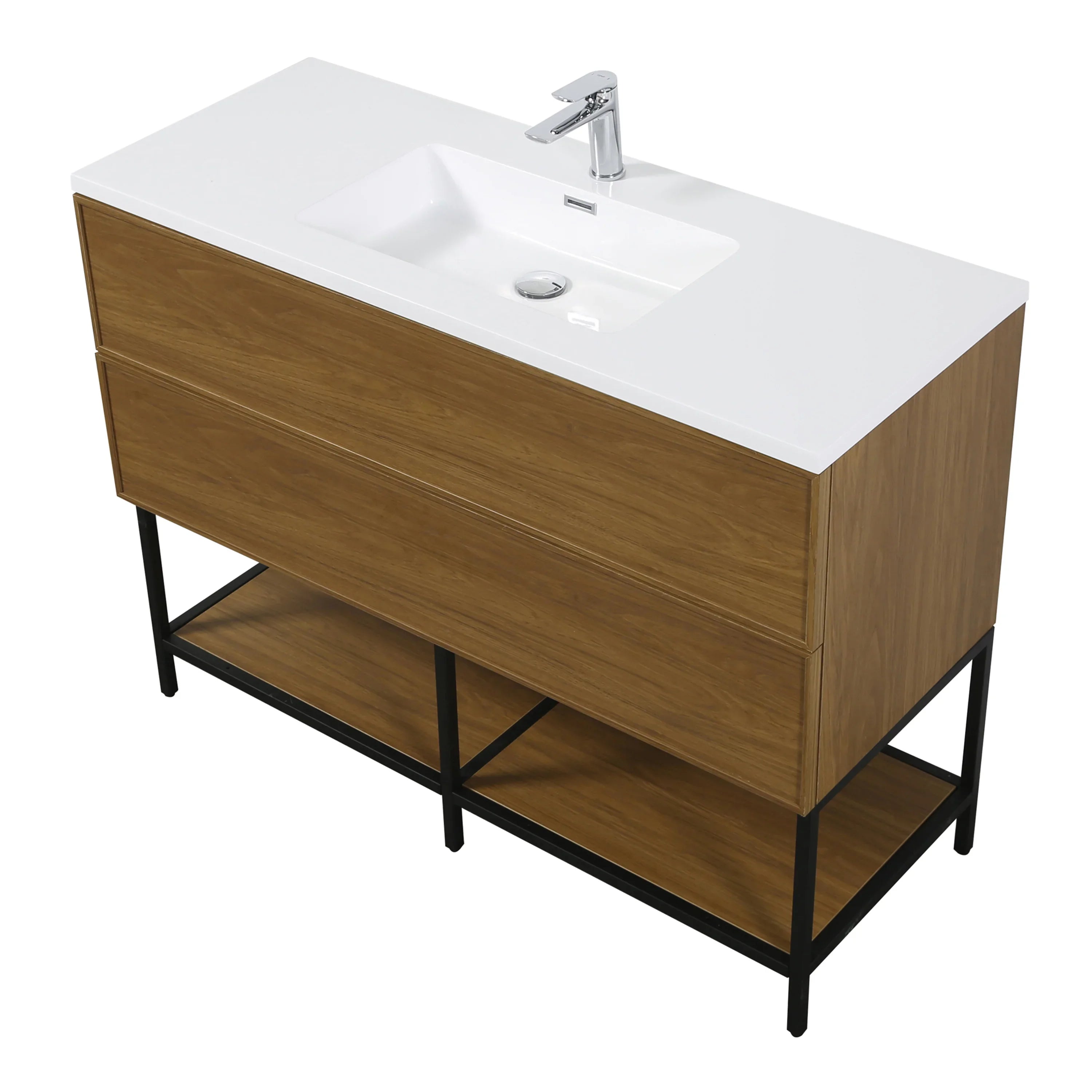 48" Honey Gold Walnut Wall Mount Bathroom Vanity with White Polymarble Countertop