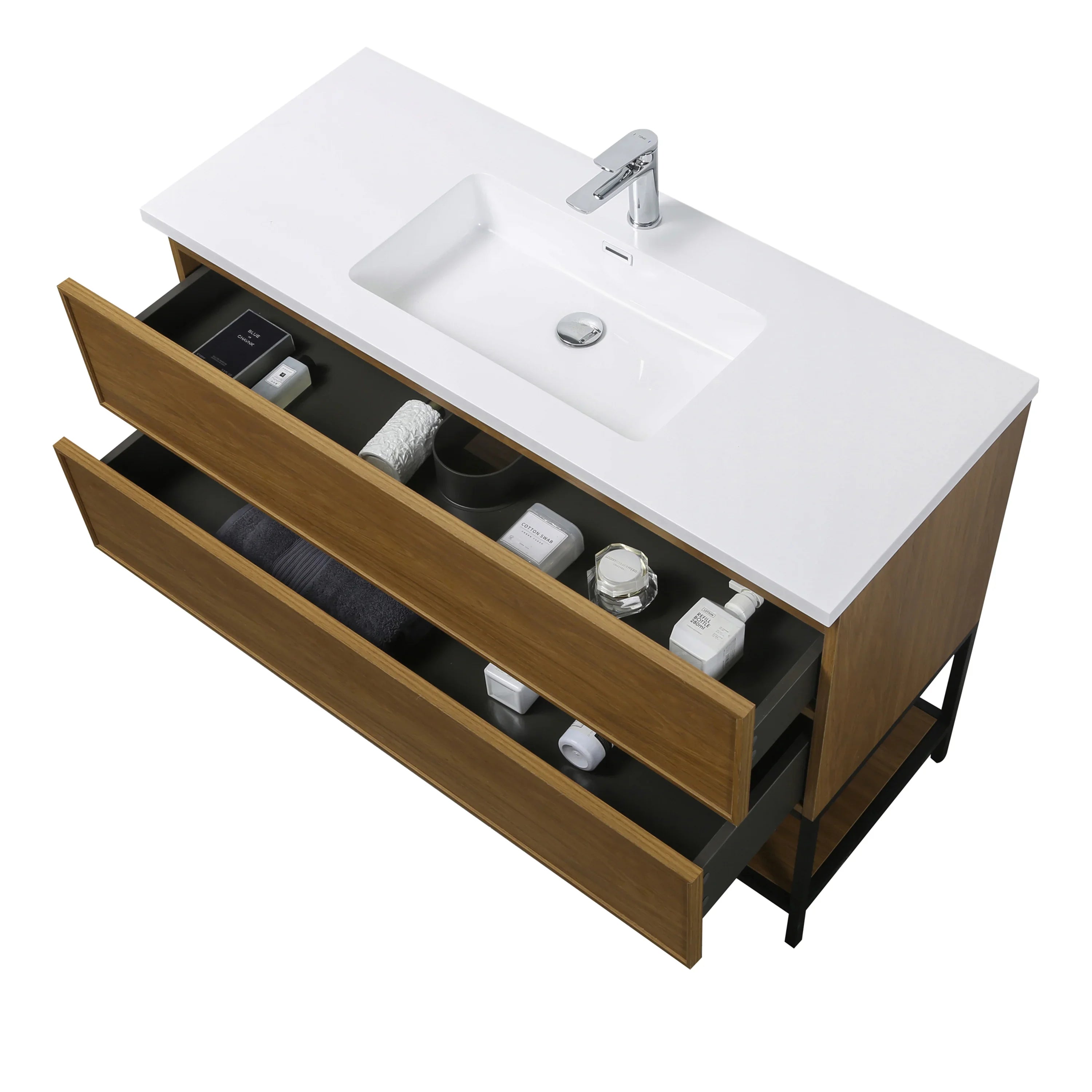 48" Honey Gold Walnut Wall Mount Bathroom Vanity with White Polymarble Countertop