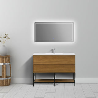 Meuble-Lavabo Mural 48po Noyer Miel Doré avec Comptoir de Polymarbre Blanc