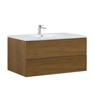 Meuble-Lavabo Mural 48po Noyer Miel Doré avec Comptoir de Polymarbre Blanc