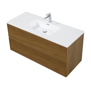 Meuble-Lavabo Mural 48po Noyer Miel Doré avec Comptoir de Polymarbre Blanc