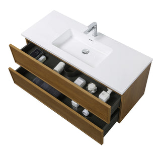 Meuble-Lavabo Mural 48po Noyer Miel Doré avec Comptoir de Polymarbre Blanc