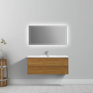 Meuble-Lavabo Mural 48po Noyer Miel Doré avec Comptoir de Polymarbre Blanc