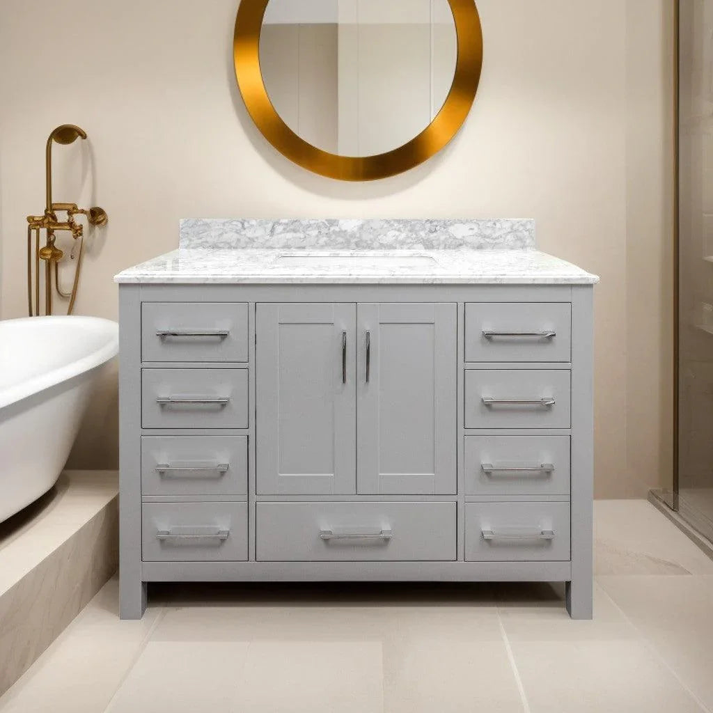 48" Grey Freestanding Single Sink Bathroom Vanity with Calcutta Quartz Countertop Mella - Golden Elite Deco