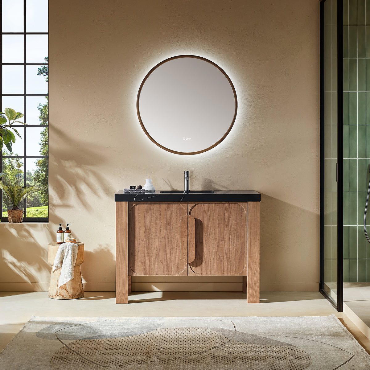 48" Natural Teak Freestanding Bathroom Vanity with Black Marquina Quartz Countertop