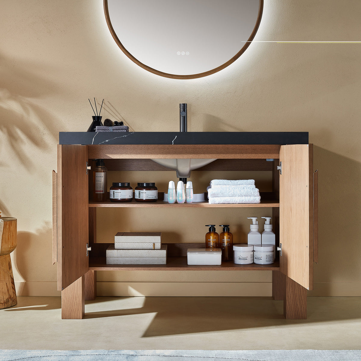 48" Natural Teak Freestanding Bathroom Vanity with Black Marquina Quartz Countertop