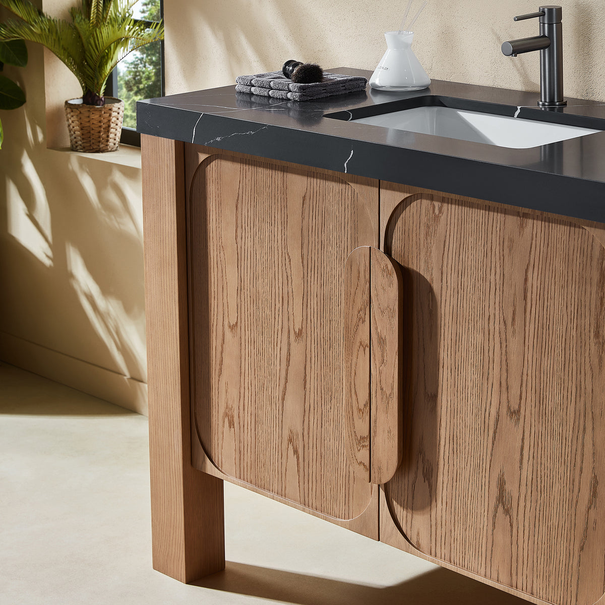 48" Natural Teak Freestanding Bathroom Vanity with Black Marquina Quartz Countertop