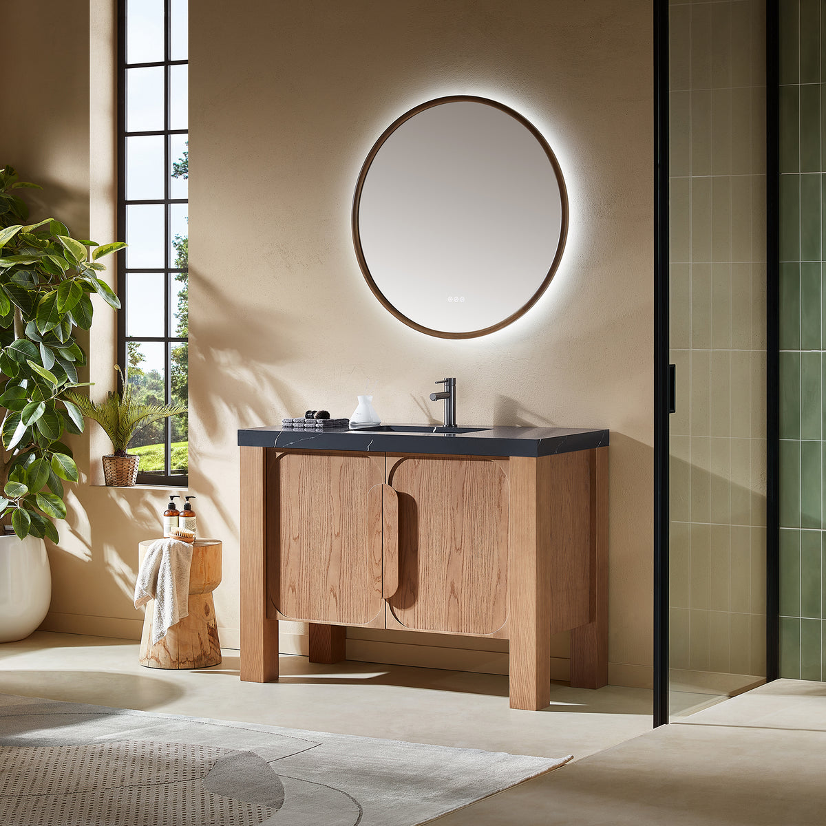 48" Natural Teak Freestanding Bathroom Vanity with Black Marquina Quartz Countertop