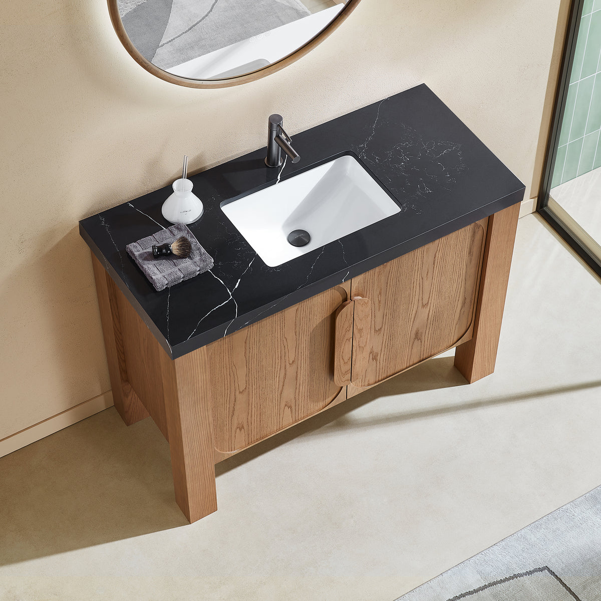 48" Natural Teak Freestanding Bathroom Vanity with Black Marquina Quartz Countertop