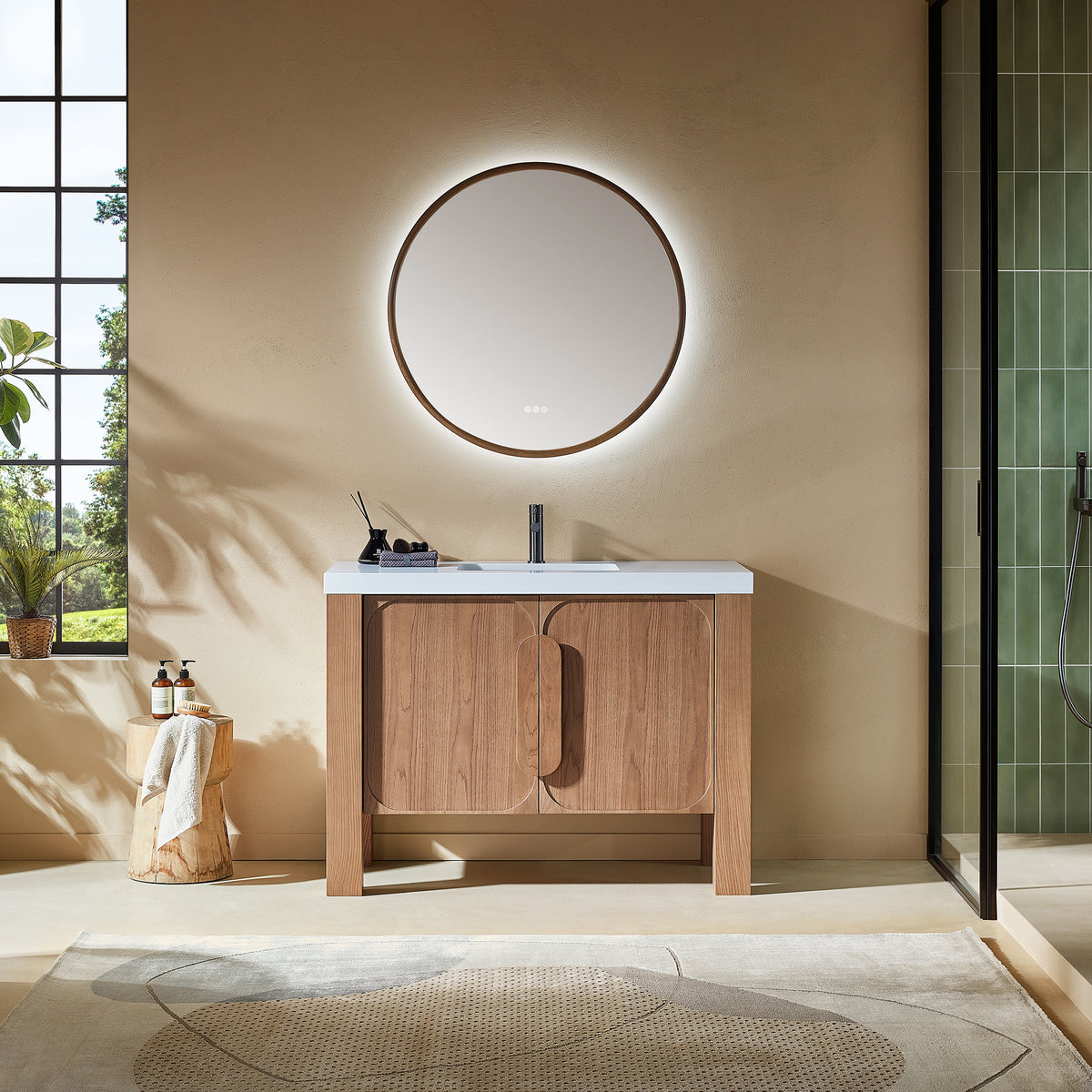 48" Natural Teak Freestanding Bathroom Vanity with Pure White Quartz Countertop