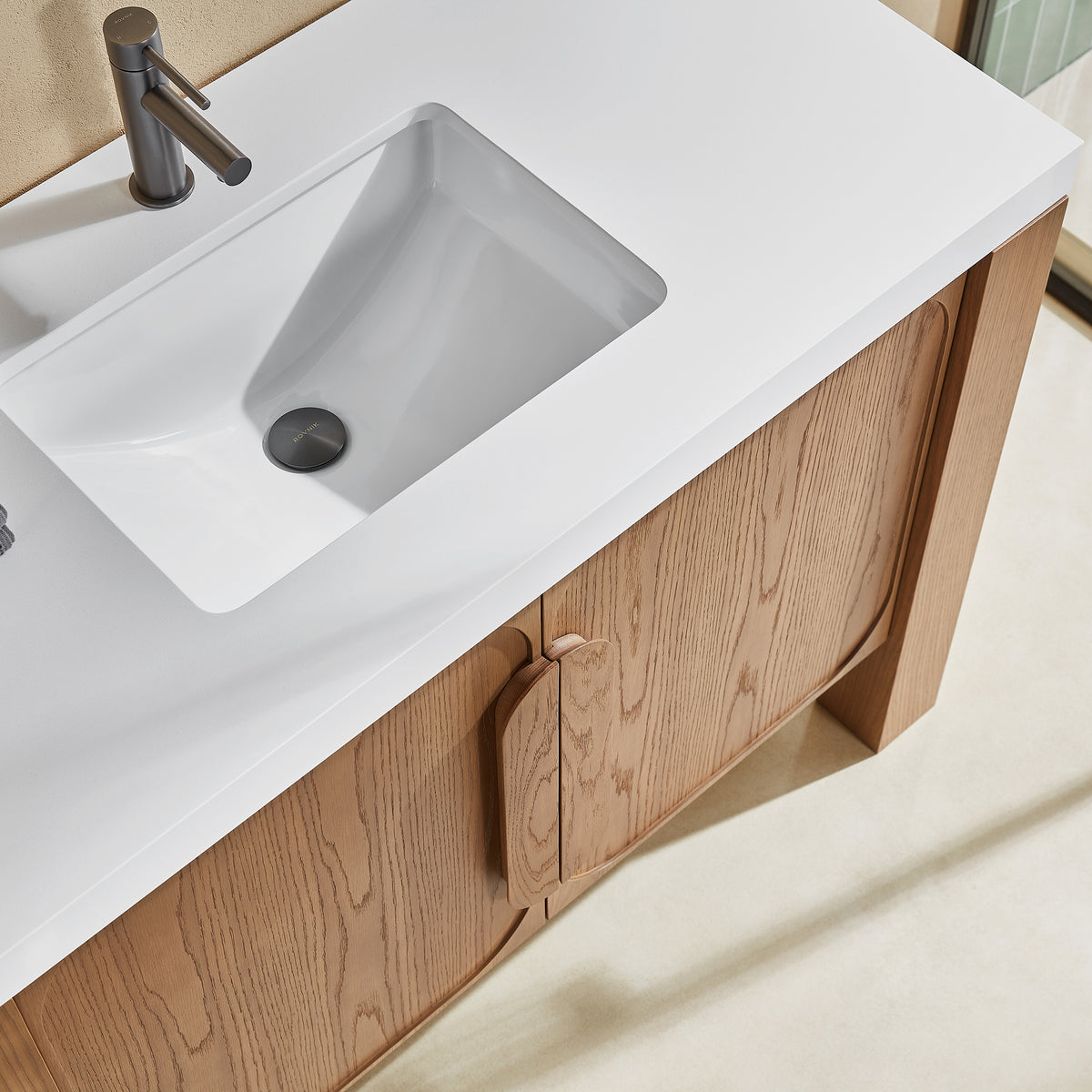 48" Natural Teak Freestanding Bathroom Vanity with Pure White Quartz Countertop