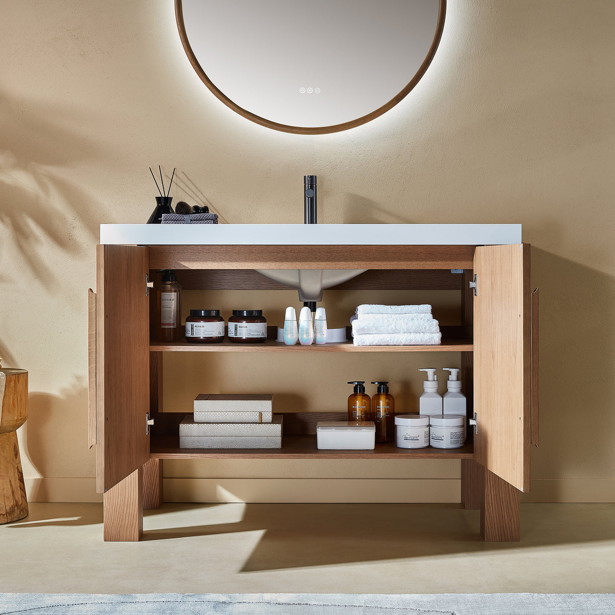 48" Natural Teak Freestanding Bathroom Vanity with Pure White Quartz Countertop
