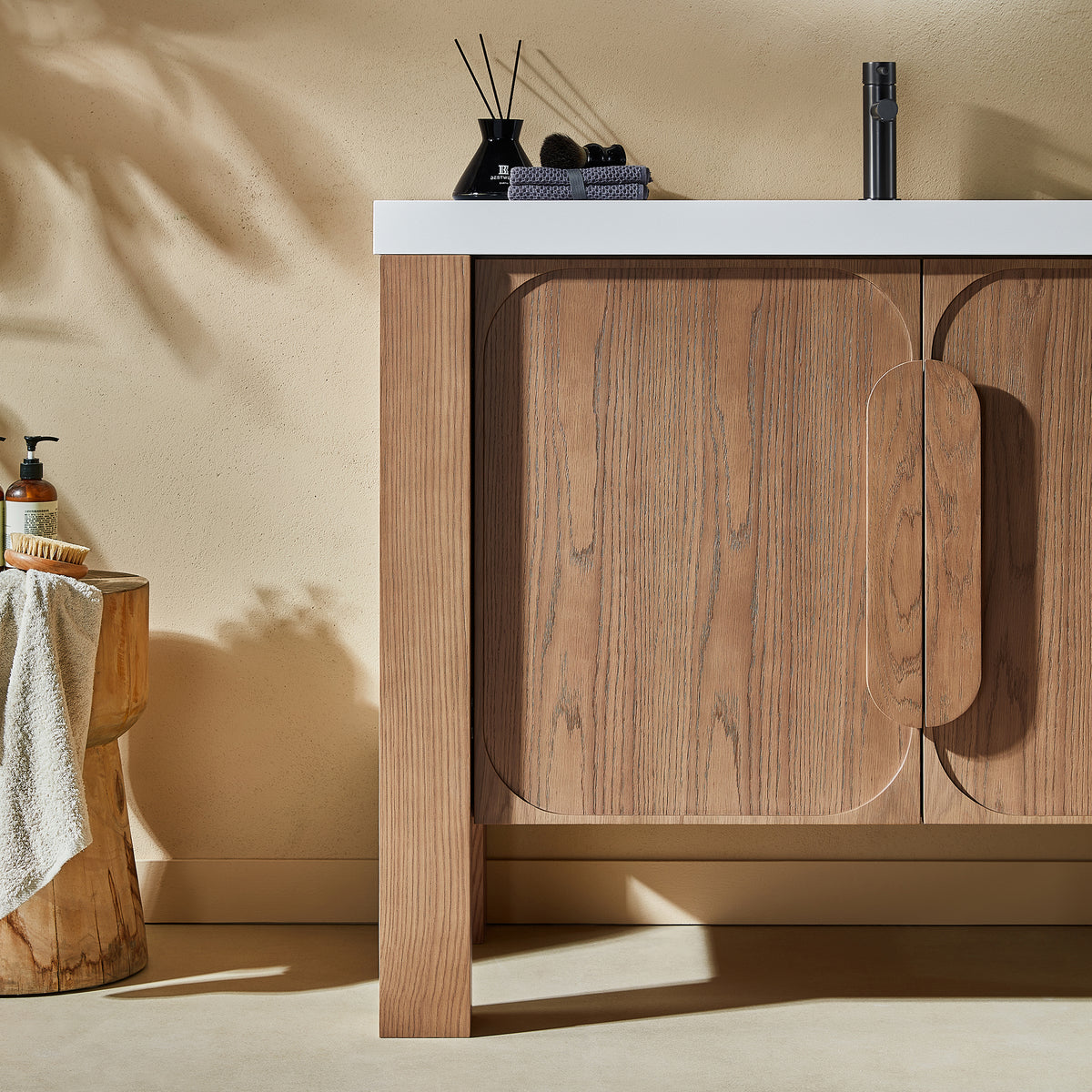 48" Natural Teak Freestanding Bathroom Vanity with Pure White Quartz Countertop
