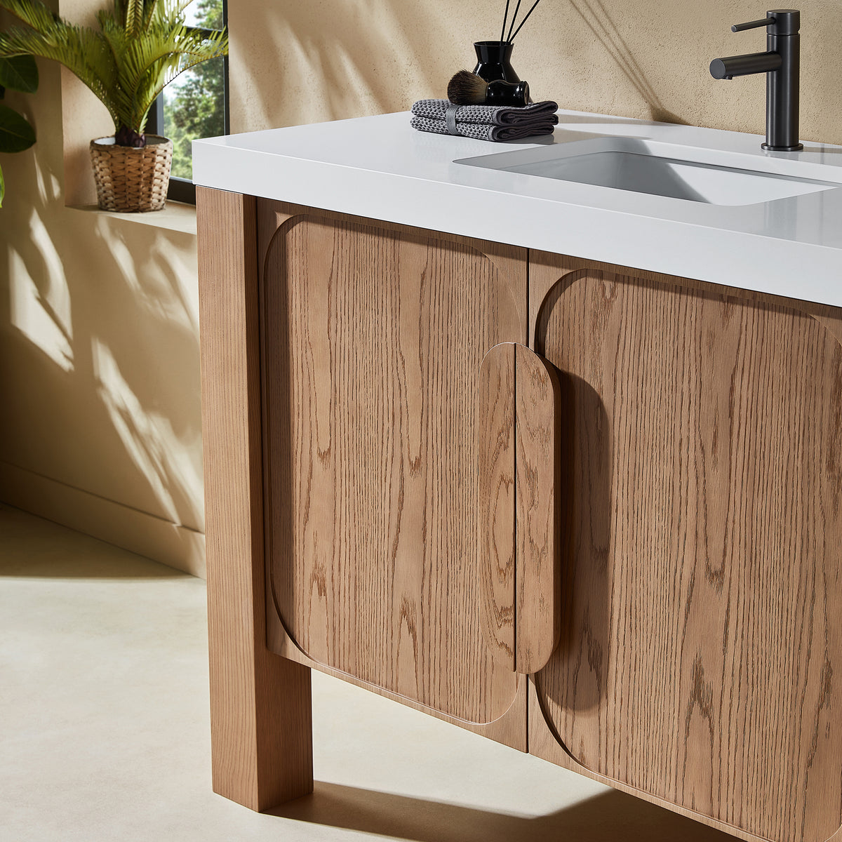 48" Natural Teak Freestanding Bathroom Vanity with Pure White Quartz Countertop