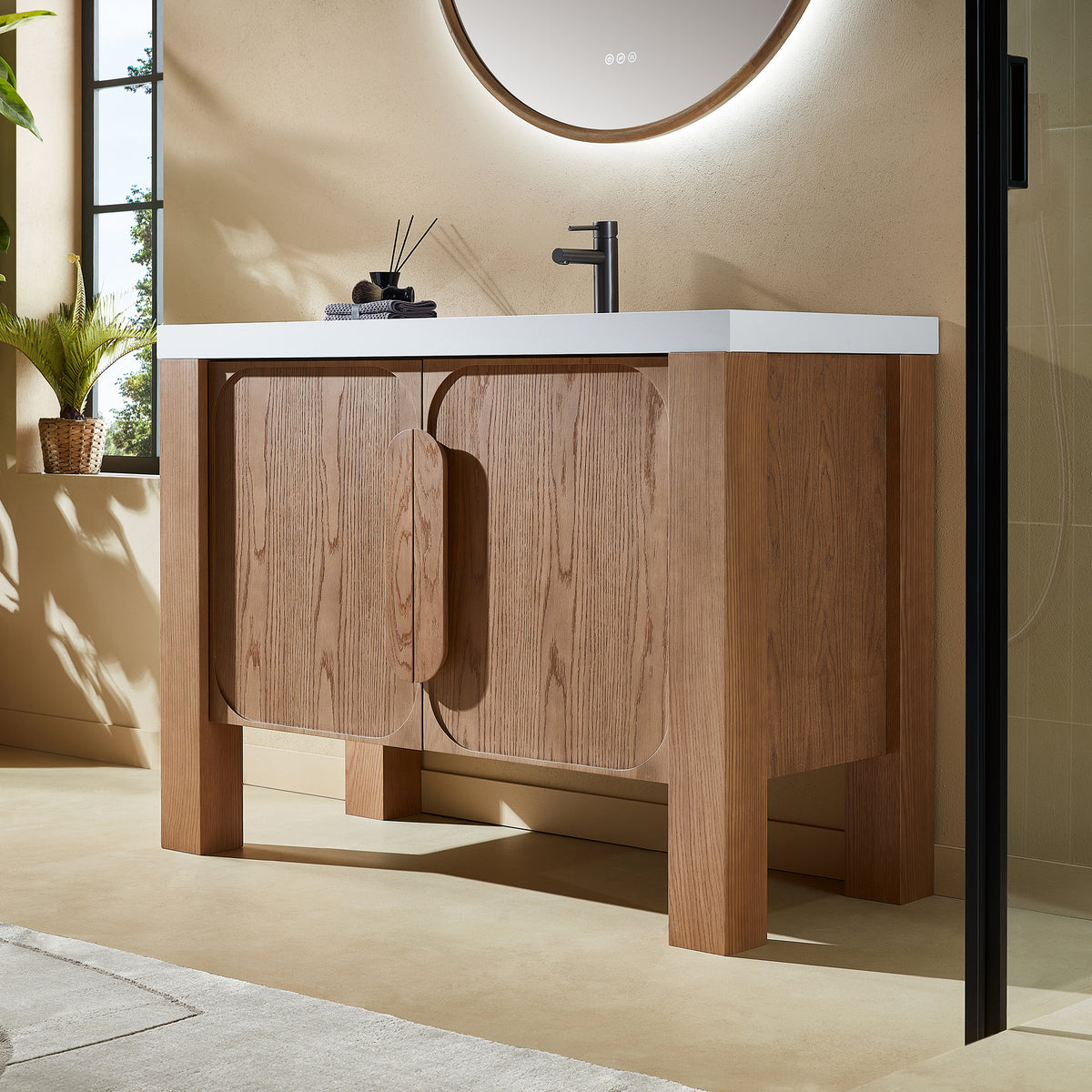 48" Natural Teak Freestanding Bathroom Vanity with Pure White Quartz Countertop