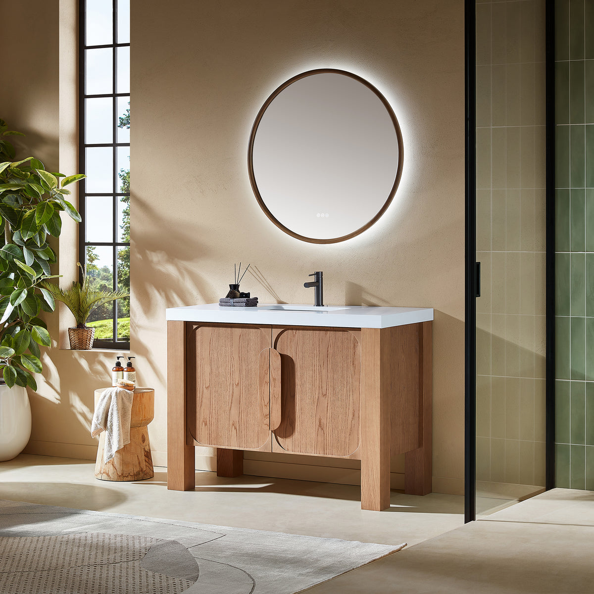 48" Natural Teak Freestanding Bathroom Vanity with Pure White Quartz Countertop