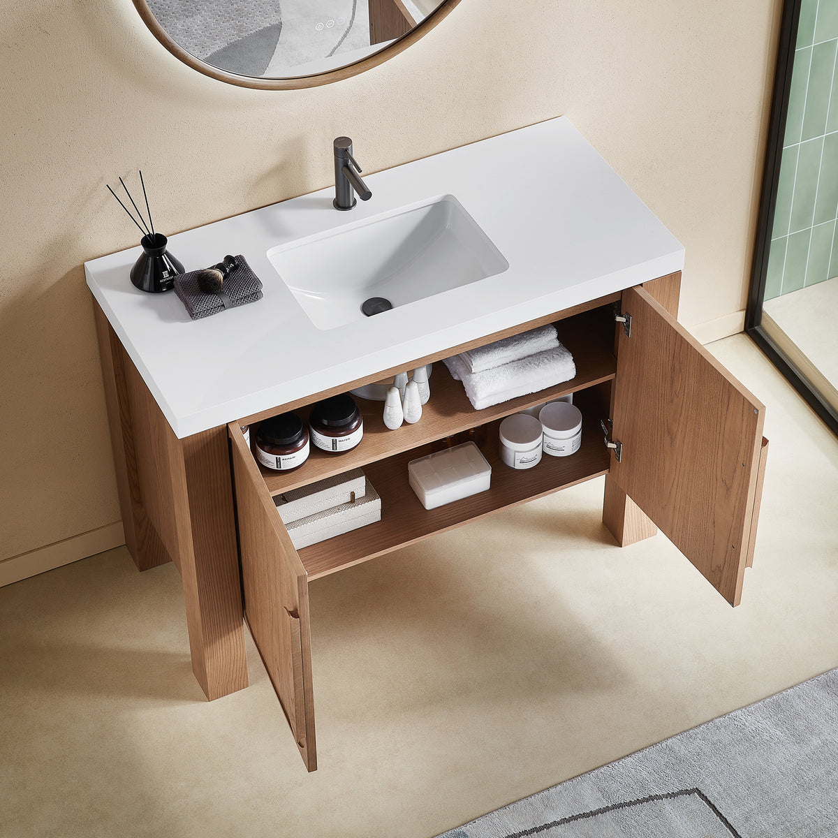 48" Natural Teak Freestanding Bathroom Vanity with Pure White Quartz Countertop