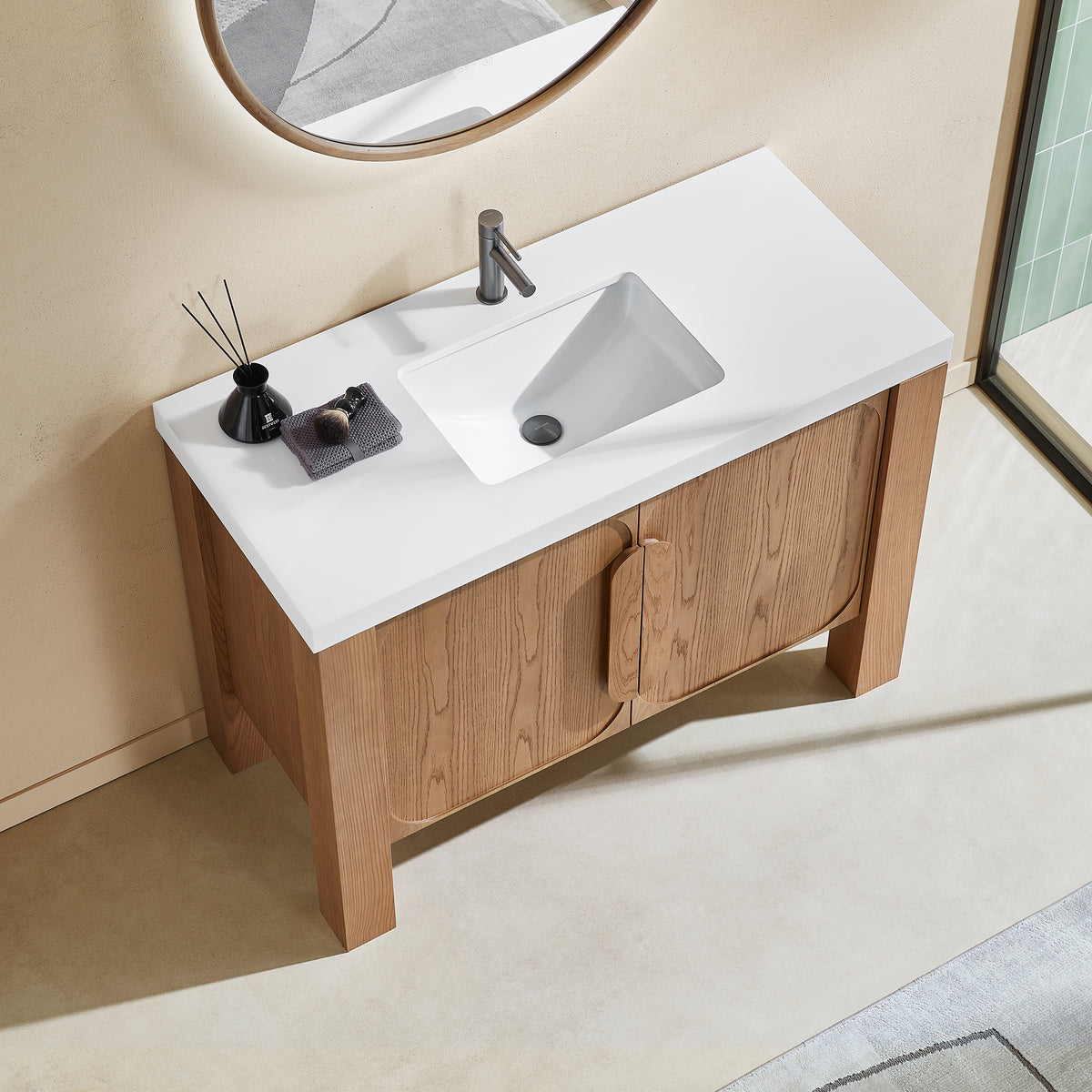 48" Natural Teak Freestanding Bathroom Vanity with Pure White Quartz Countertop