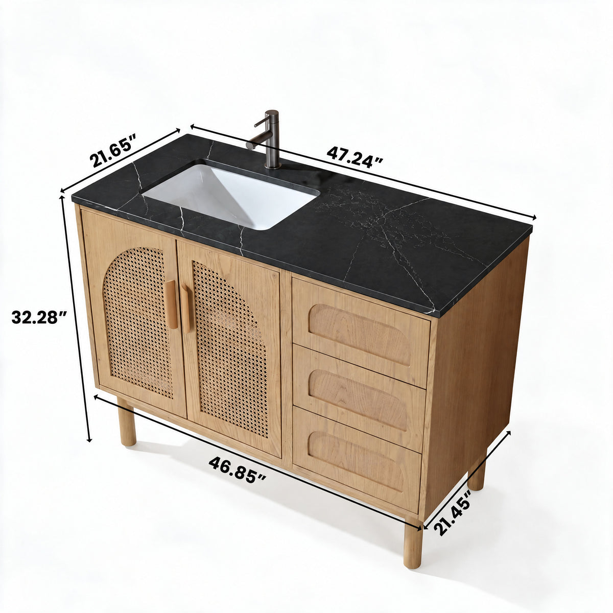 48" Pecan Oak Freestanding Bathroom Vanity with Black Marquina Quartz Countertop