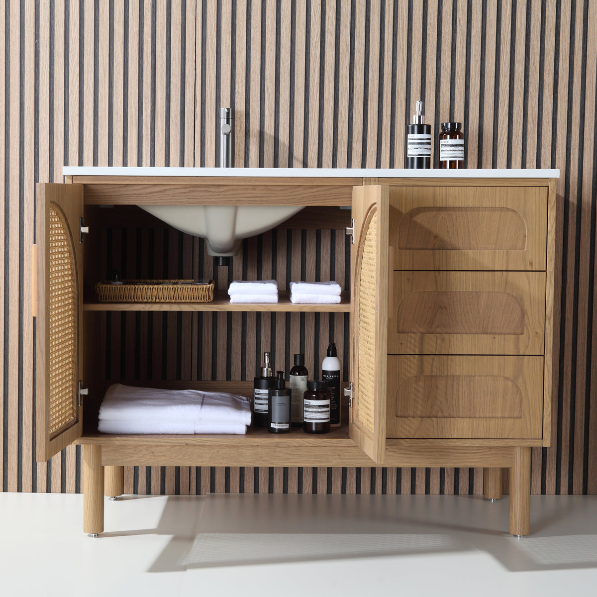 48" Pecan Oak Freestanding Bathroom Vanity with Pure White Quartz Countertop