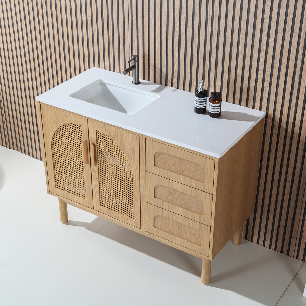 48" Pecan Oak Freestanding Bathroom Vanity with Pure White Quartz Countertop